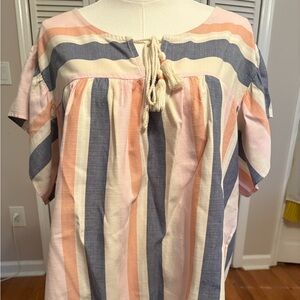 Bobeau Blue and Coral Striped Collection Top